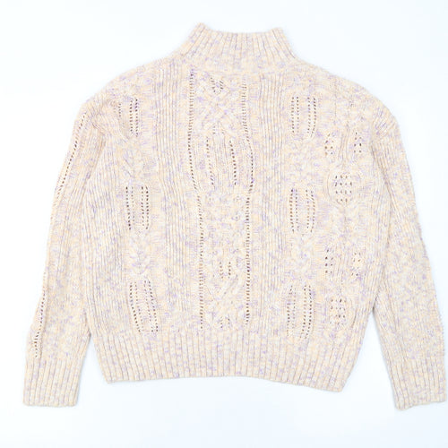 Marks and Spencer Women’s Beige Cotton Mock Neck Cable Knit Jumper Size 14