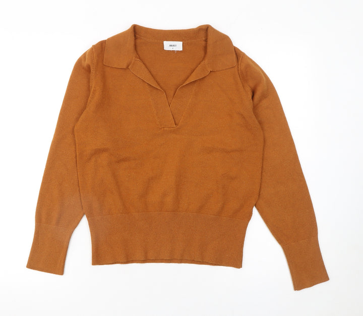 OBJECT Womens Brown Collared Pullover Wool Blend Jumper Size S