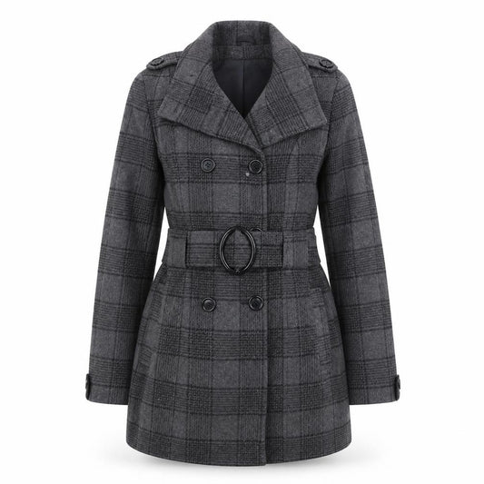 Front view of De la Crème Women's Grey Checked Wool Trench Coat, size 12