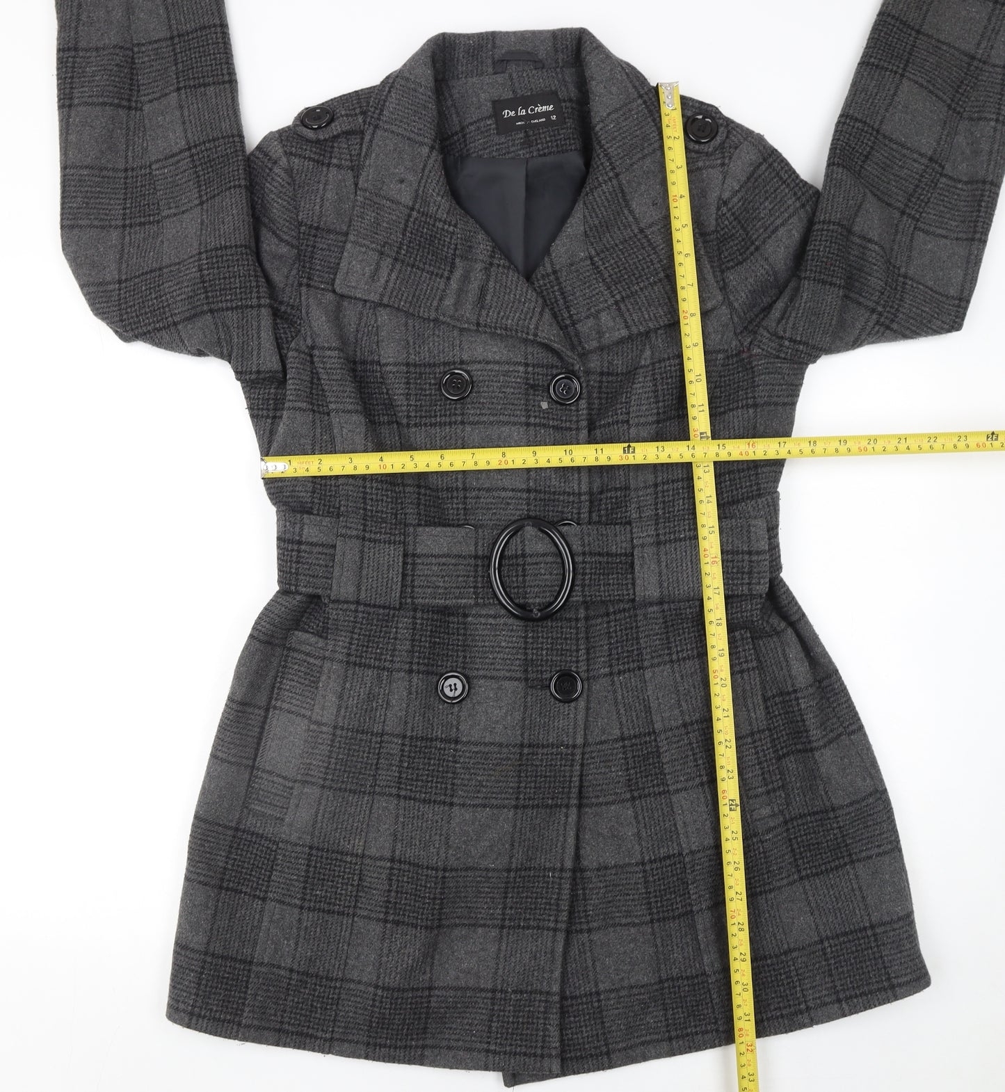 De la Crème Women's Grey Checked Wool Trench Coat Size 12