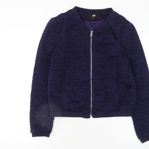 H&M Women Blue Bomber Jacket Size 10 Zip Front Lined Casual