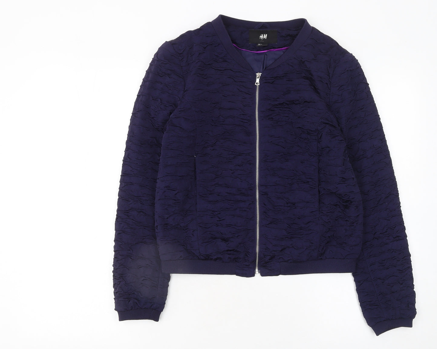 H&M Women Blue Bomber Jacket Size 10 Zip Front Lined Casual
