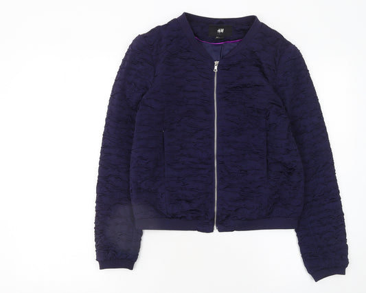 H&M Women Blue Bomber Jacket Size 10 Zip Front Lined Casual