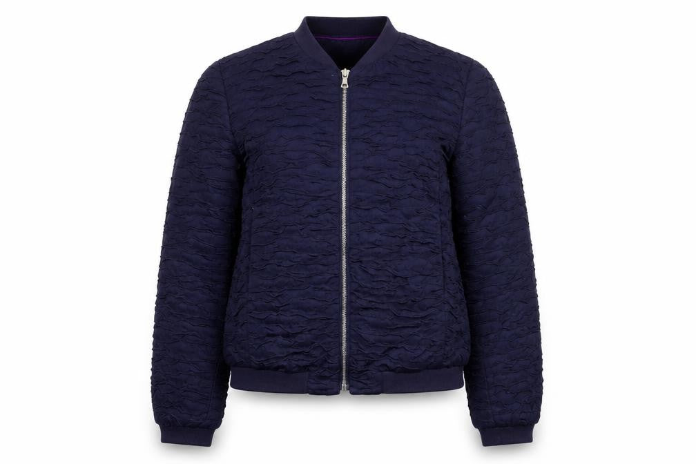 Front view of H&M Women Blue Bomber Jacket, size 10, Zip Front Lined Casual