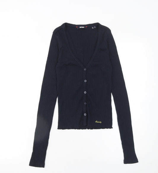 Superdry Women's Black Ribbed Cotton Cropped Button-Up Top Size 6