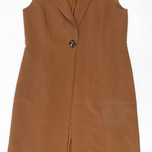 Maxin Women Brown Sleeveless Long Waistcoat Vest Lined Single Button L