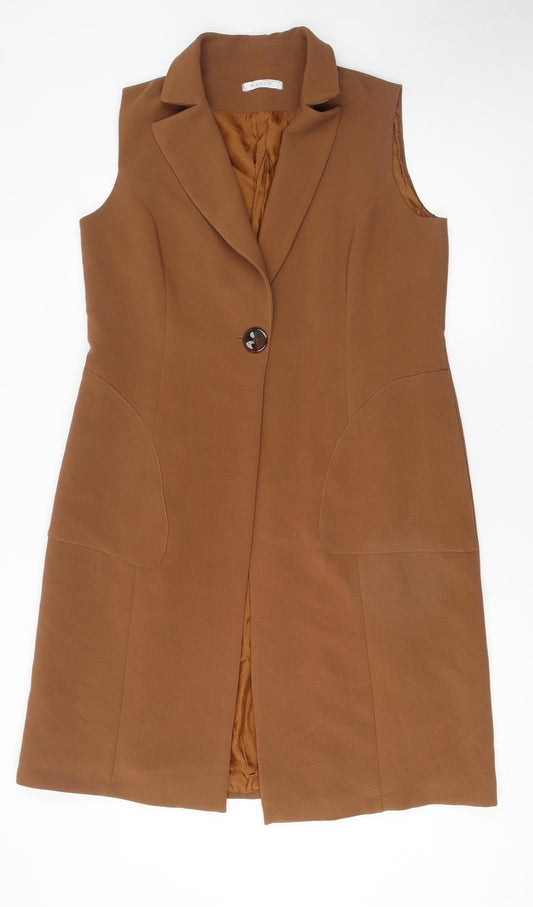 Maxin Women Brown Sleeveless Long Waistcoat Vest Lined Single Button L
