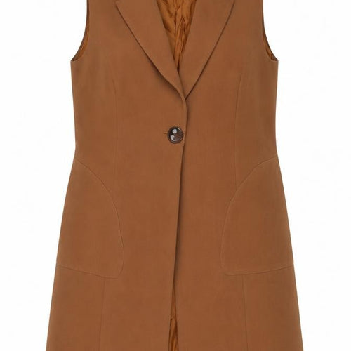 Maxin Women Brown Sleeveless Long Waistcoat Vest Lined Single Button L