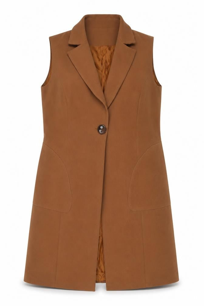 Maxin Women Brown Sleeveless Long Waistcoat Vest Lined Single Button L