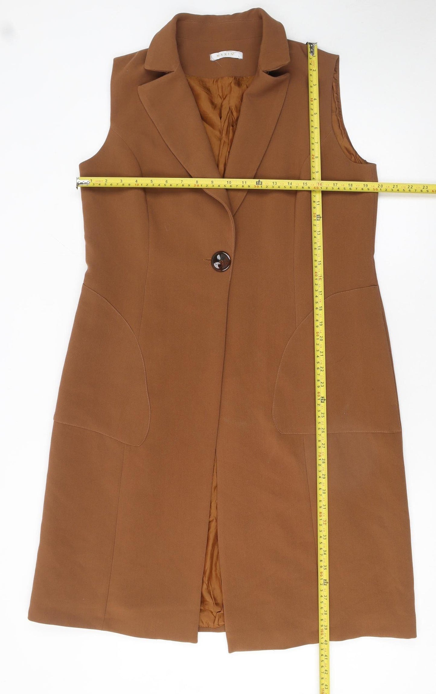 Maxin Women Brown Sleeveless Long Waistcoat Vest Lined Single Button L
