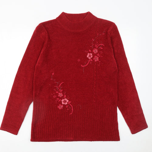 Fay Louise Women's Red Embroidered Mock Neck Pullover Jumper Size S