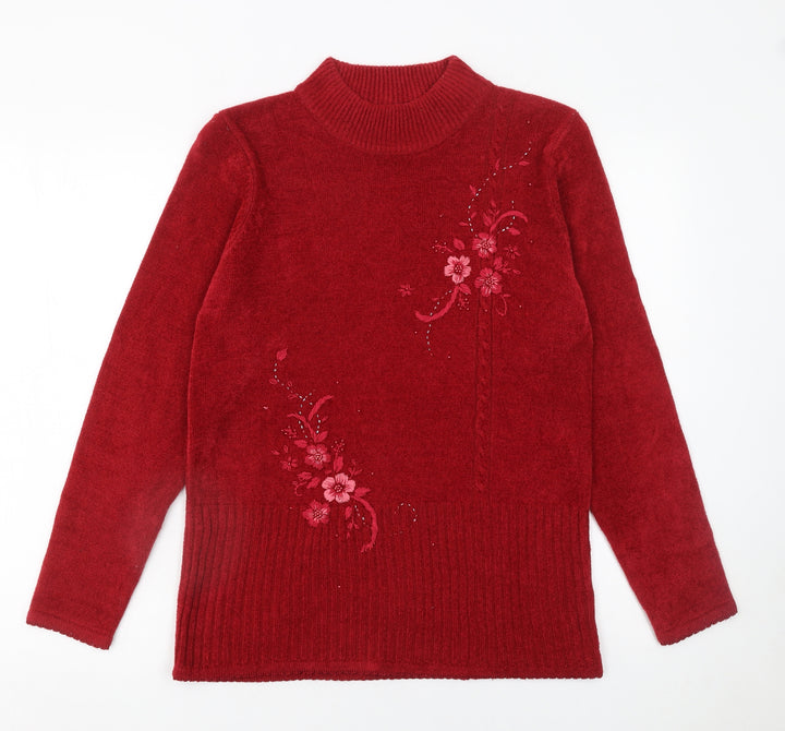 Fay Louise Women's Red Embroidered Mock Neck Pullover Jumper Size S