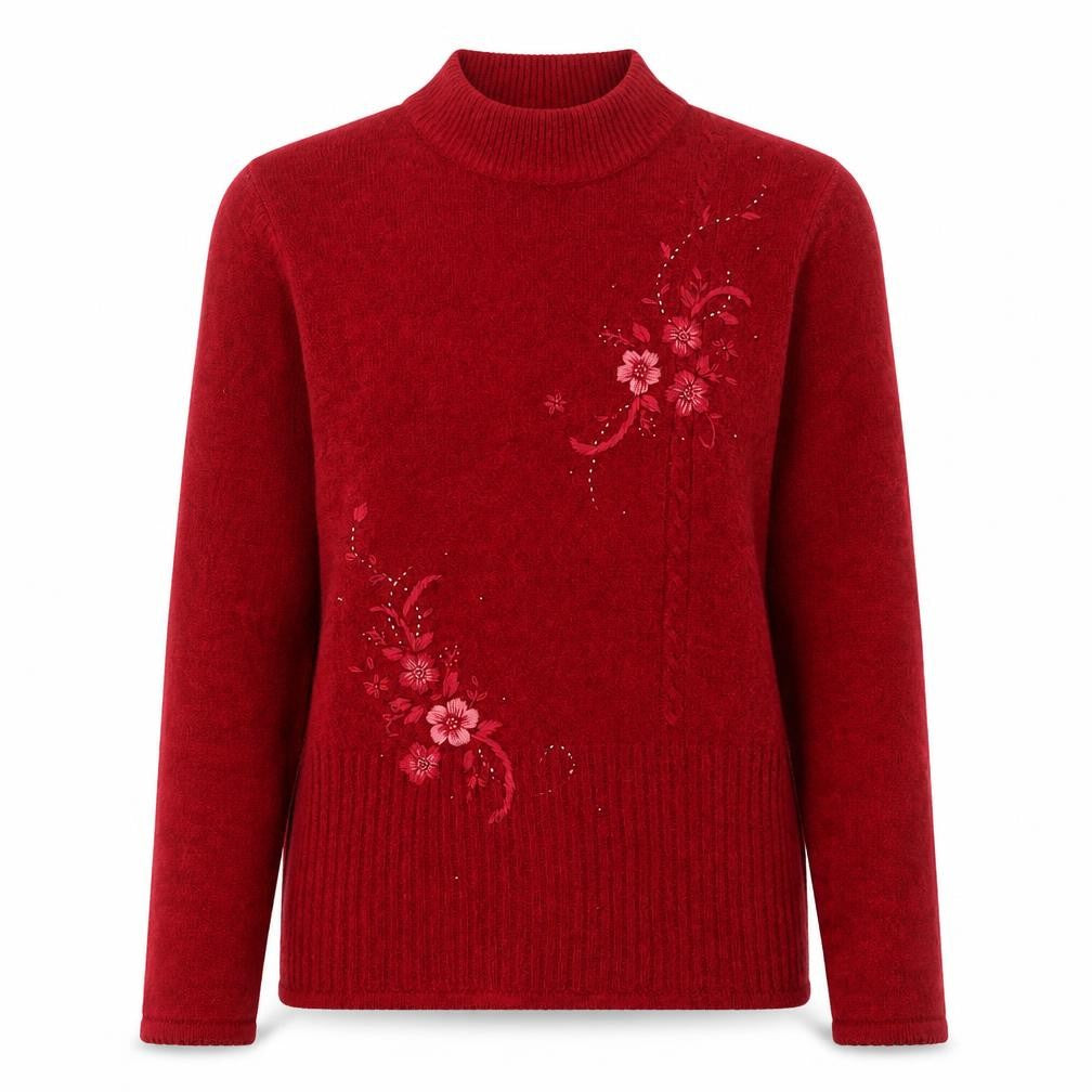 Front view of Fay Louise Women's Red Embroidered Mock Neck jumper, size S