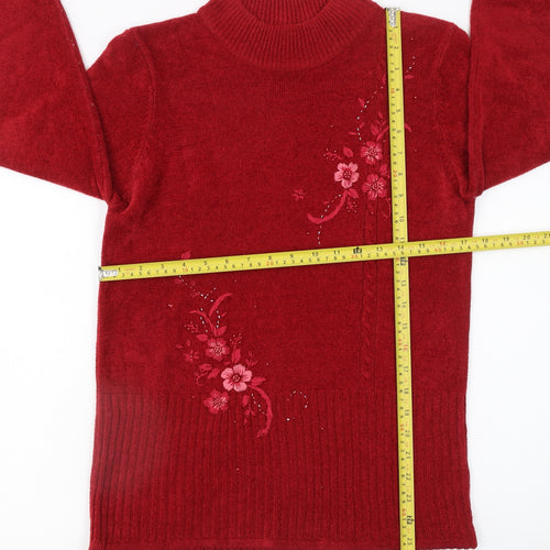 Fay Louise Women's Red Embroidered Mock Neck Pullover Jumper Size S