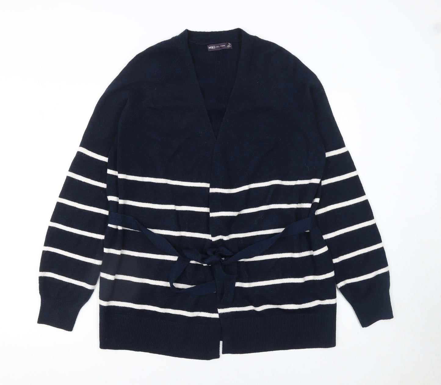 Marks and Spencer Womens Blue Striped V-Neck Belted Cardigan Size S