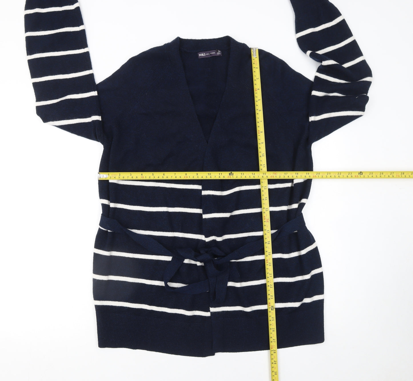 Marks and Spencer Womens Blue Striped V-Neck Belted Cardigan Size S