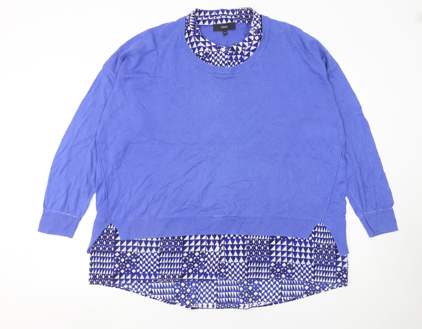 Next Women's Blue Cotton Pullover Jumper Size 20 Crew Neck Geometric