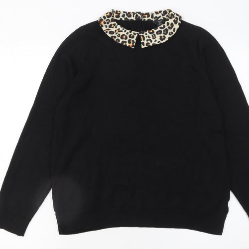 M&Co Women’s Black Petite Size 14 Collared Leopard Trim Knit Jumper