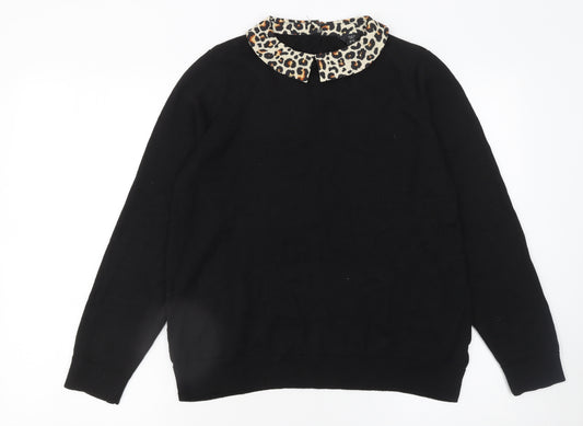 M&Co Women’s Black Petite Size 14 Collared Leopard Trim Knit Jumper