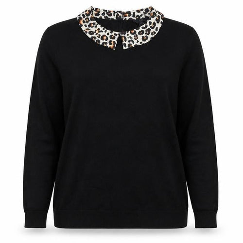 M&Co Women’s Black Petite Size 14 Collared Leopard Trim Knit Jumper