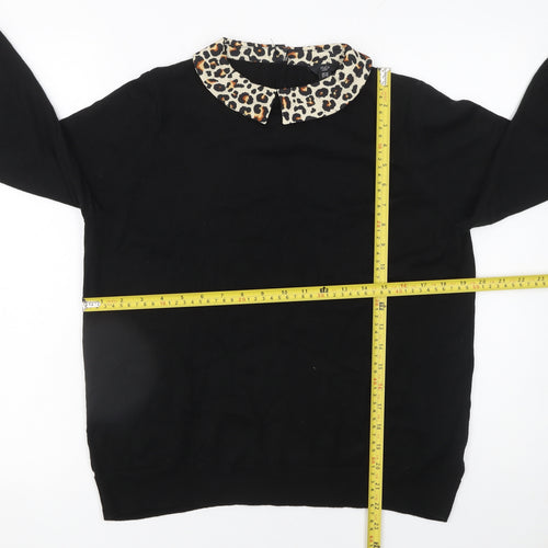 M&Co Women’s Black Petite Size 14 Collared Leopard Trim Knit Jumper