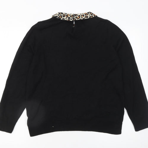 M&Co Women’s Black Petite Size 14 Collared Leopard Trim Knit Jumper