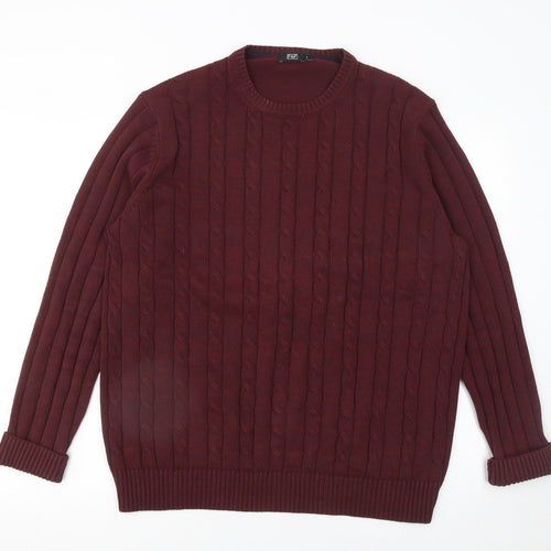 F&F Men's Red Cable-Knit Cotton Jumper L Crew Neck Pullover