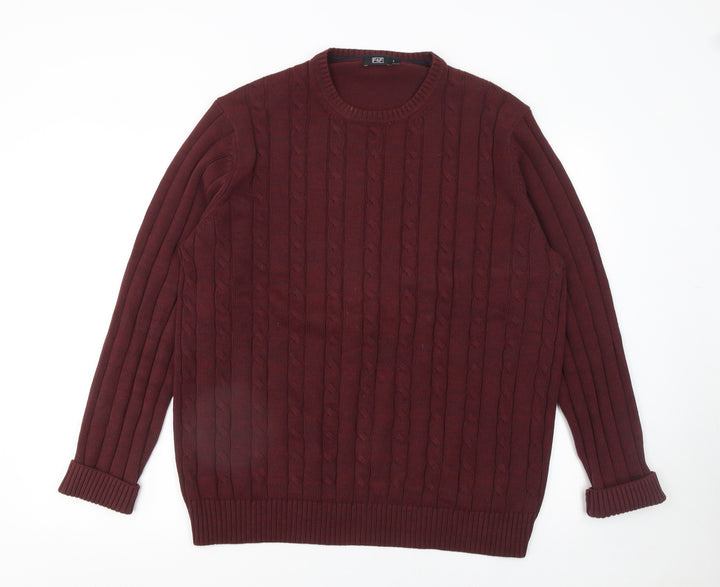 F&F Men's Red Cable-Knit Cotton Jumper L Crew Neck Pullover