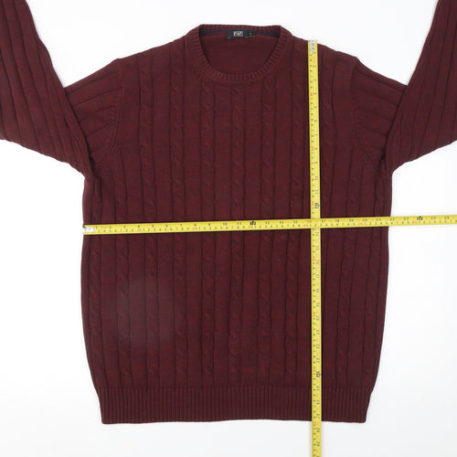 F&F Men's Red Cable-Knit Cotton Jumper L Crew Neck Pullover