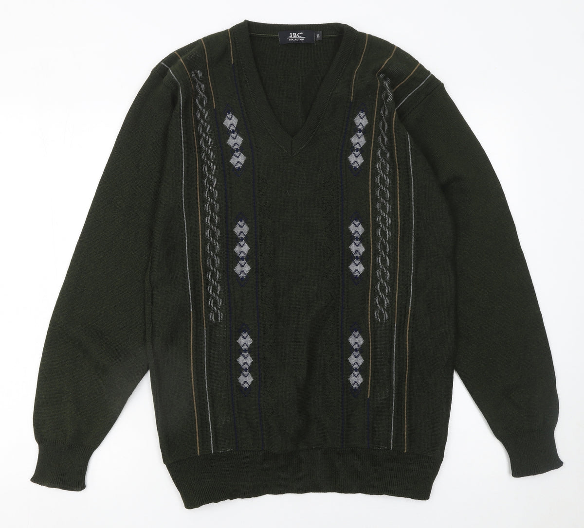 JBC Collection Men's Green Argyle V-Neck Pullover Jumper M