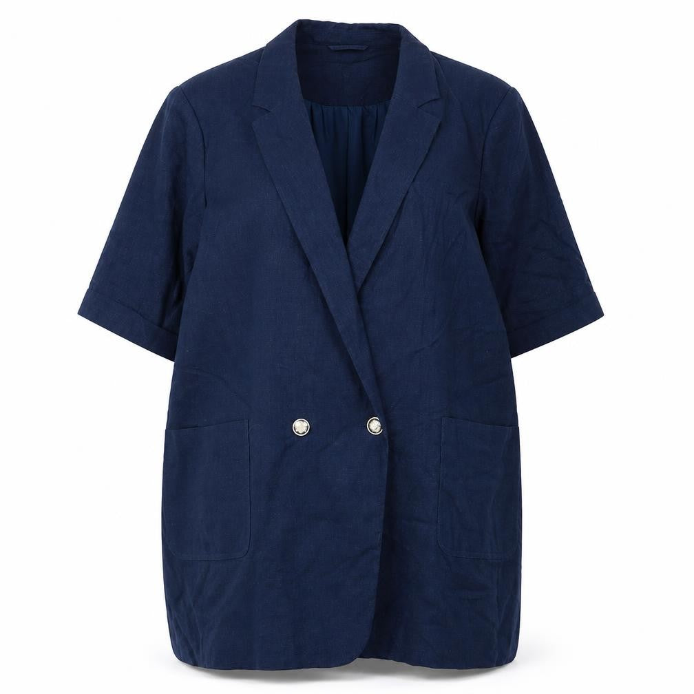 Front view of Next Women's Navy Linen Blend Double Breasted Blazer UK 24