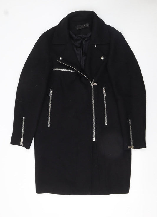Zara Women Black Wool Blend Biker Coat Size 12