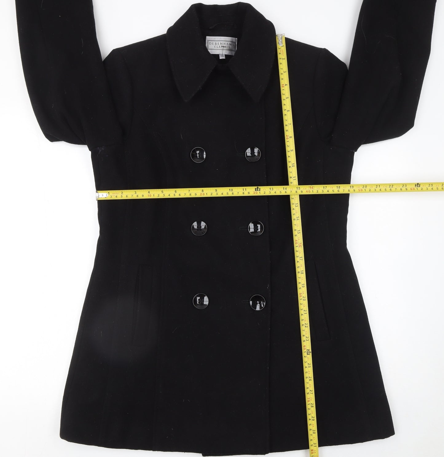 Debenhams Women's Black Pea Coat Size 14 Classic Buttoned Workwear