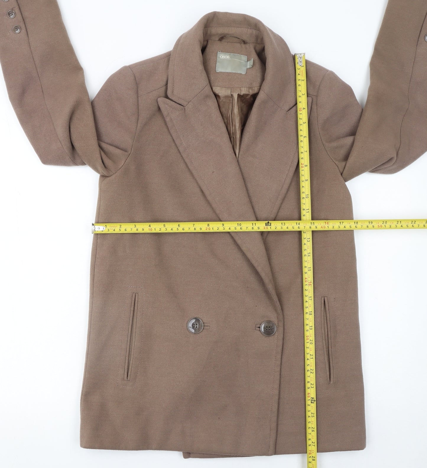 ASOS Women Brown Pea Coat Size 8 Regular Fit Lined Mid-Length