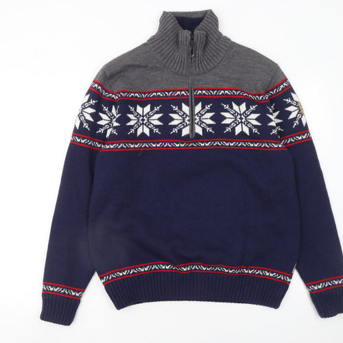CMP Men's Blue Grey Fair Isle 1/4 Zip Wool Blend Jumper Size M