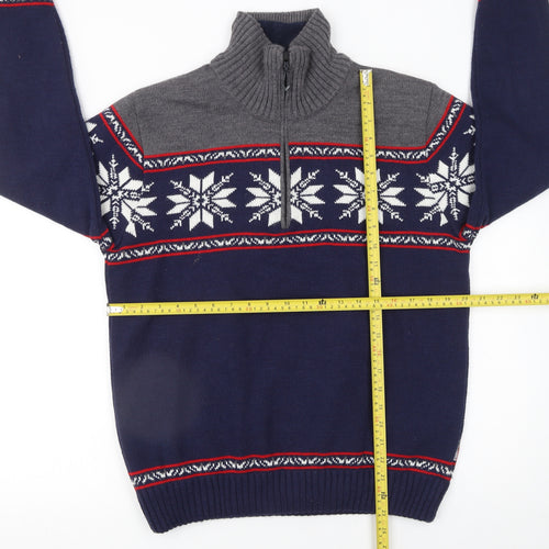 CMP Men's Blue Grey Fair Isle 1/4 Zip Wool Blend Jumper Size M