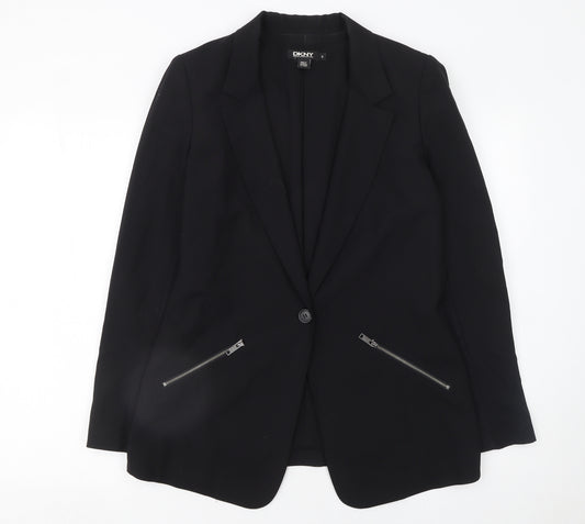 DKNY Womens Black Wool Blend Single Breasted Blazer Size 10