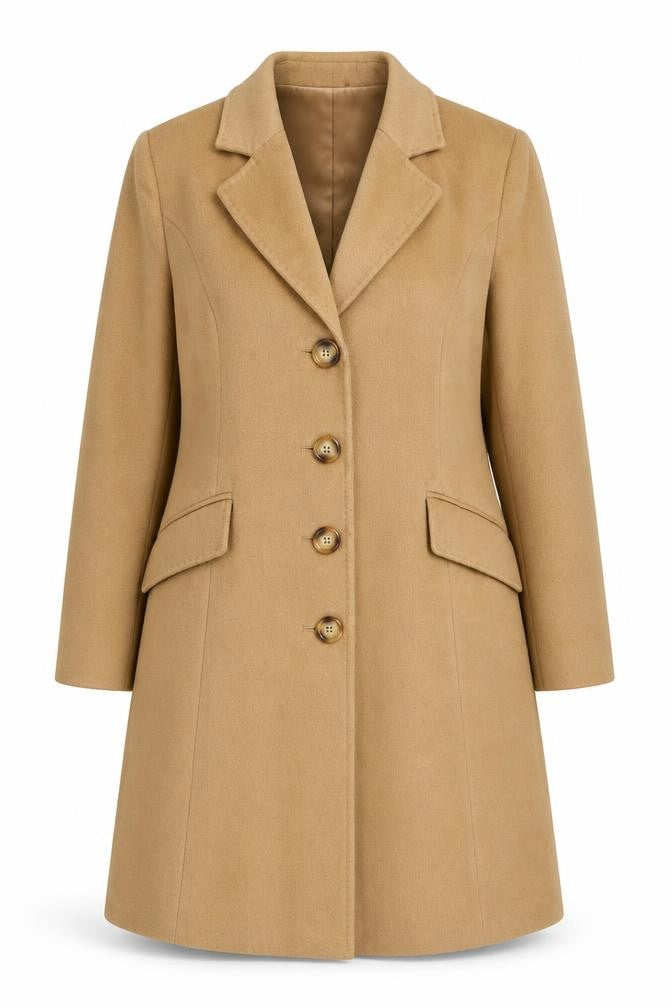Front view of EWM Women Beige Mid-Length Button Overcoat, size 16, Classic Wool Blend Style
