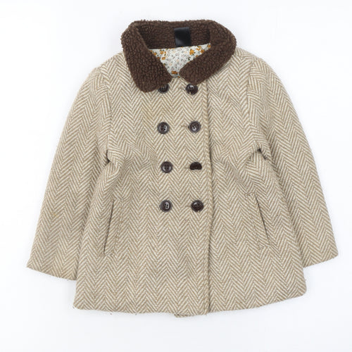 Max Girls Beige Herringbone Double-Breasted Pea Coat 2-3 Years