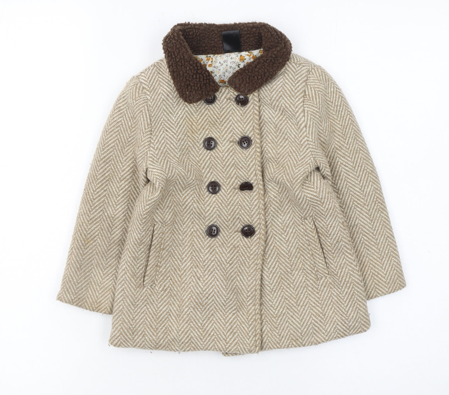 Max Girls Beige Herringbone Double-Breasted Pea Coat 2-3 Years