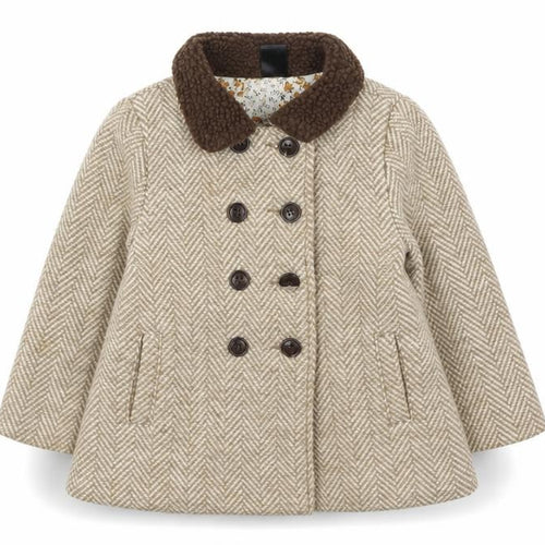 Max Girls Beige Herringbone Double-Breasted Pea Coat 2-3 Years