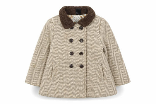 Max Girls Beige Herringbone Double-Breasted Pea Coat 2-3 Years