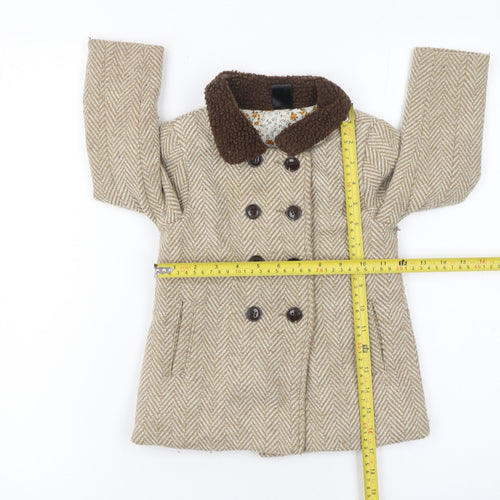 Max Girls Beige Herringbone Double-Breasted Pea Coat 2-3 Years