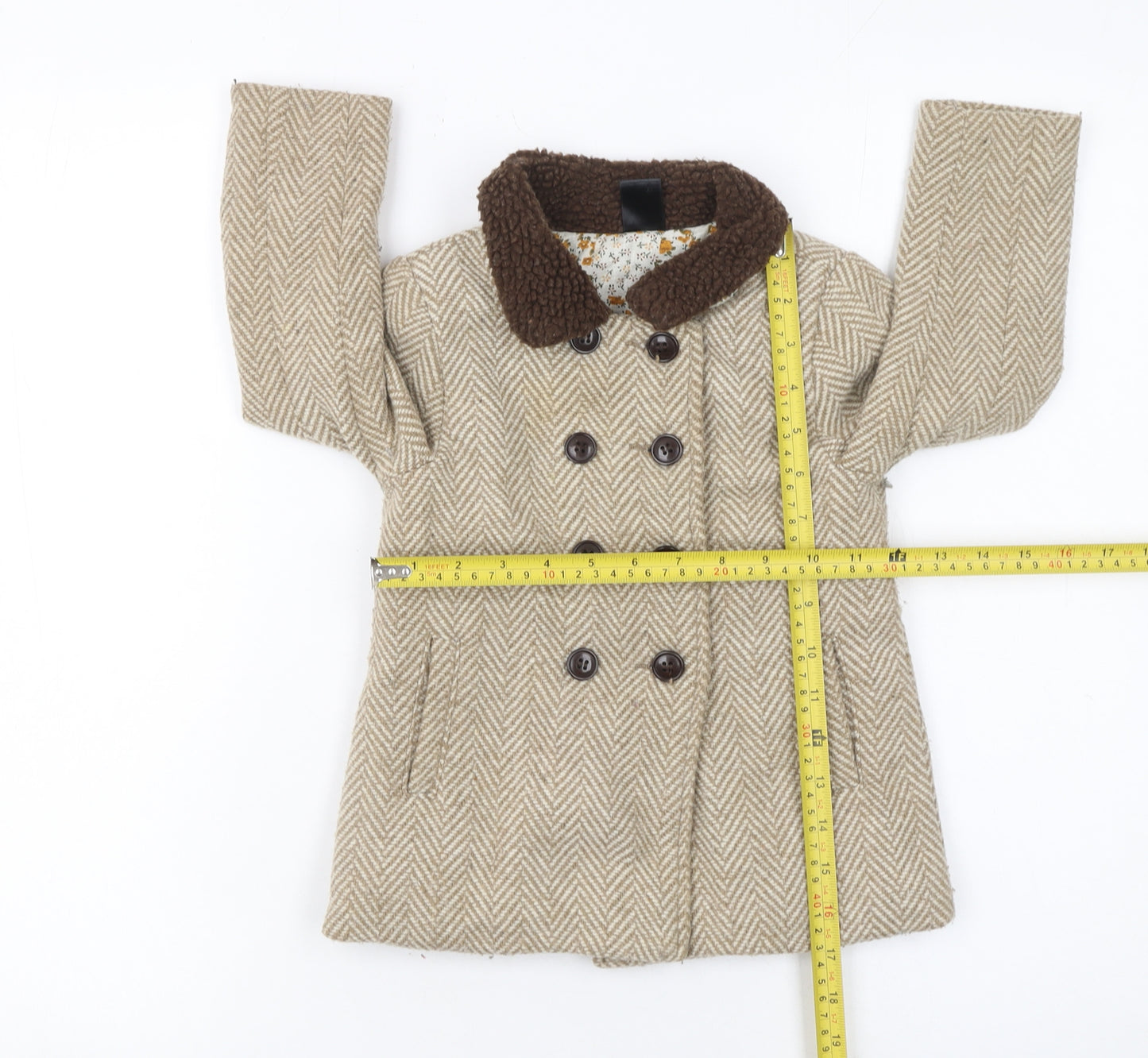 Max Girls Beige Herringbone Double-Breasted Pea Coat 2-3 Years