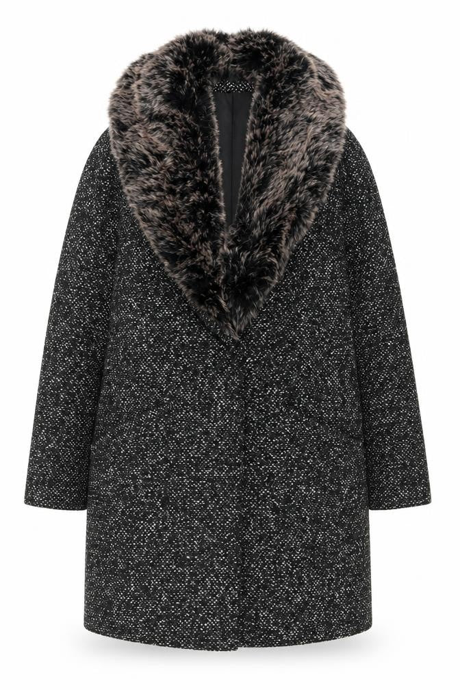 Atmosphere Women's Black Tweed Faux Fur Collar Overcoat Size 10