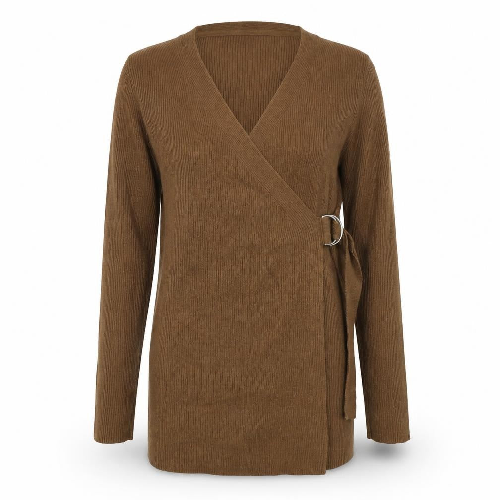 Front view of Object women’s brown wrap knit long sleeve jumper s