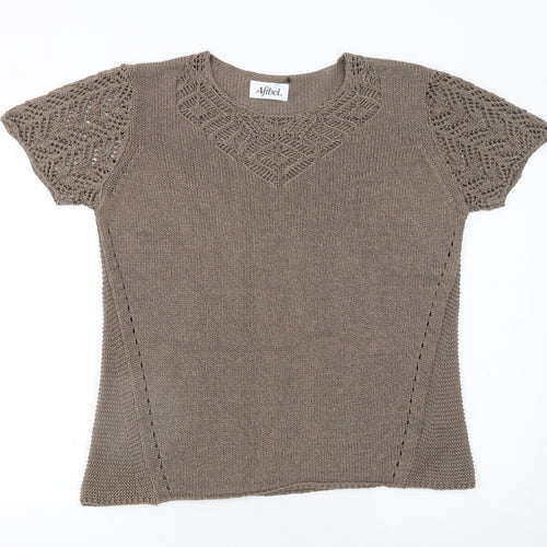 Afibel Women’s Brown Crochet Knit Short Sleeve Pullover Jumper Size 16