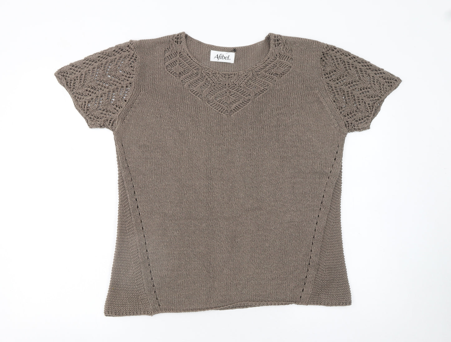 Afibel Women’s Brown Crochet Knit Short Sleeve Pullover Jumper Size 16