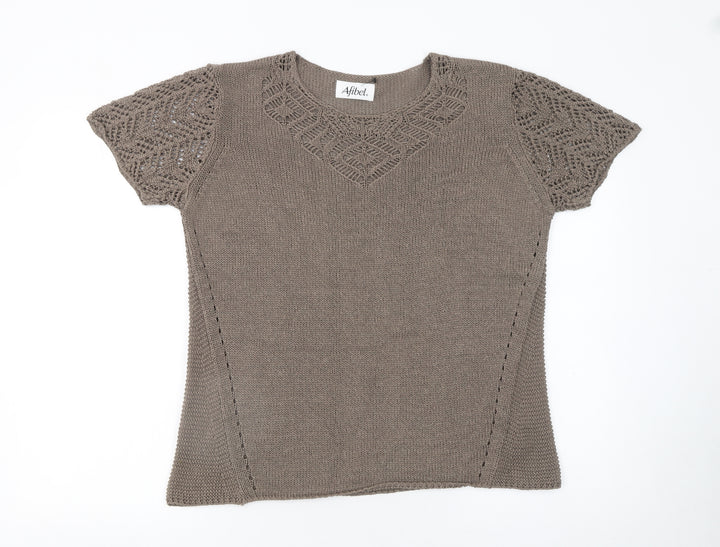 Afibel Women’s Brown Crochet Knit Short Sleeve Pullover Jumper Size 16