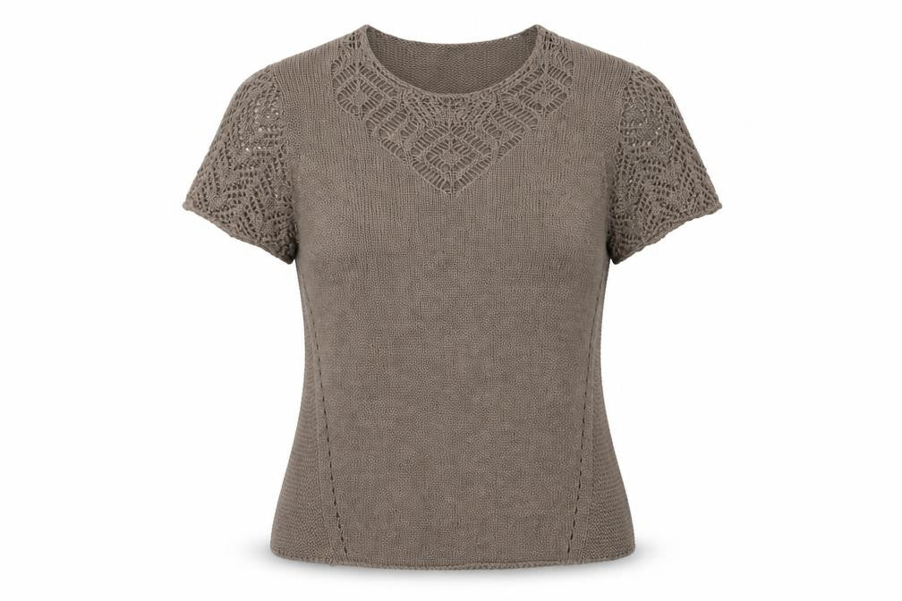 Afibel Women’s Brown Crochet Knit Short Sleeve Pullover Jumper Size 16
